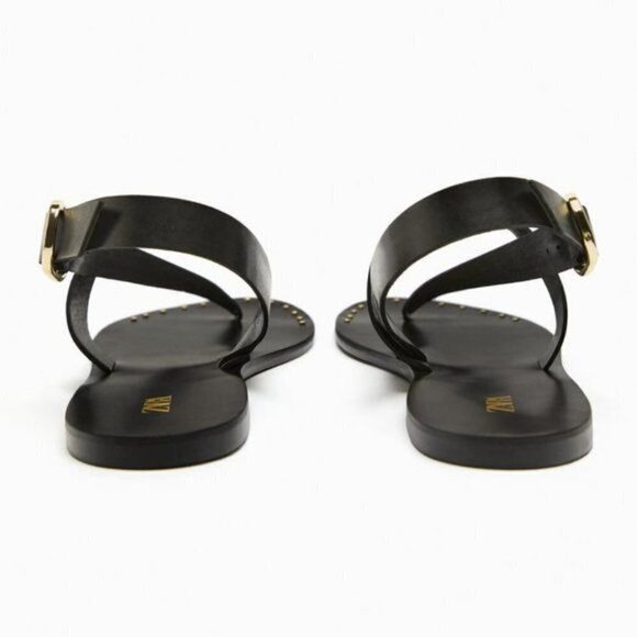 ZARA FLAT LEATHER SLIDER SANDALS WITH MICRO-STUDS BLACK SIZE 6.5 | 2620/110 - Picture 4 of 10